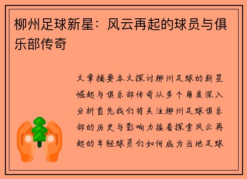 柳州足球新星：风云再起的球员与俱乐部传奇